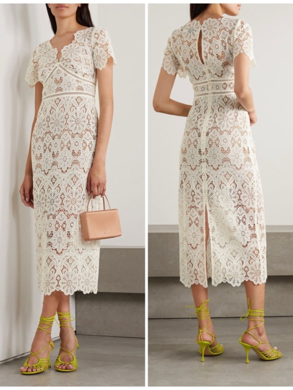 Self Portrait Ivory Floral Guipure Midi Dress Size US 2